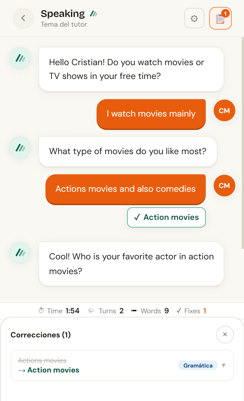 Pantalla real de una conversación de Speaking en Tigru